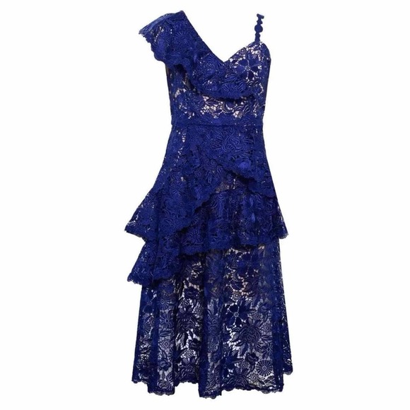 Alice + Olivia Florrie Ruffle Lace Midi Dress Blue Guipure Size 10 - Picture 1 of 13
